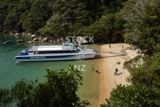 Abel Tasman water taxi boat - Stopping at a beach in the national park - Abel Tasman, New Zealand