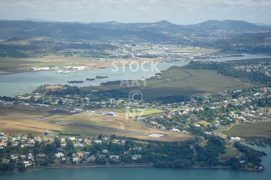 Aerial photo - Onerahi airport with Whangarei harbour and the port