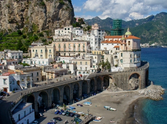 Atrani - View of the beach and village centre with church, on the famous Amalfi Coast in Italy - lower resolution stock photo, ideal for web use 