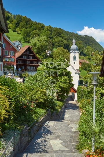 Bauen village - central Switzerland - Beautiful typical lake shore village near Lucerne, with church and chalets