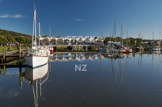 Canopy bridge at the Whangarei Town Basin  - View of the covered market and events bridge at the beautiful yacht harbour and marina, Northland, New Zealand