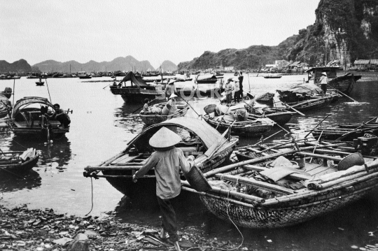 Cat Ba Island - old fishing boats - Fishermen of Cat Ba village in Vietnam with traditional fishing boats long ago - old vintage black & white low resolution photo from 1994