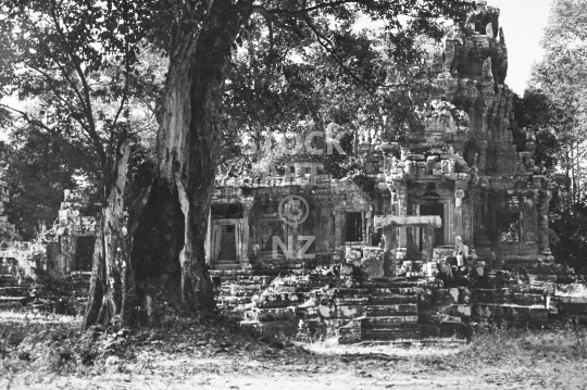 Chau Say Tevoda temple near Angkor Wat - Mid-12th century Hindu temple before its later restoration - black & white vintage low resolution photo from March 1992