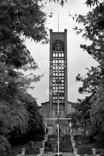 Christ Church Cathedral - Nelson NZ - Black & white photo of the Anglican church bell tower - view from Trafalgar Street