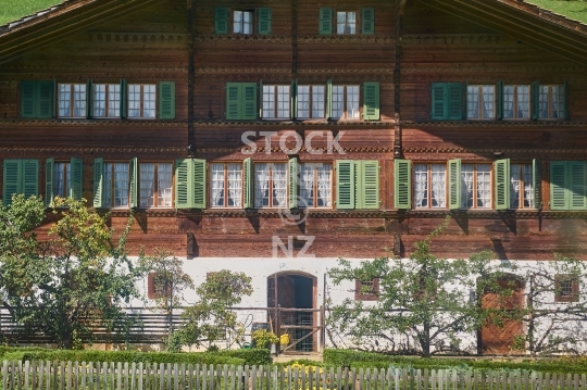 Closeup of a typical old Swiss farm house chalet - Bernese Oberland, Switzerland