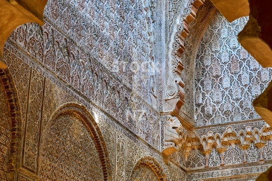 Closeup of arabic moorish decorations in the great mosque of Cordoba, Spain - Spectacular ancient Islamic art in the famous Mezquita de Cordova