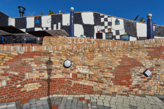 Closeup of the Hundertwasser Museum facade in New Zealand