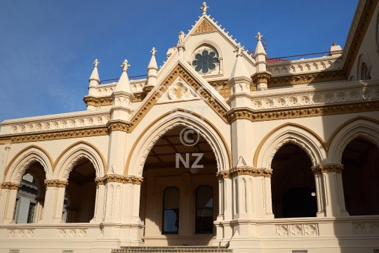 Closeup of the Parliament library building in Wellington NZ
