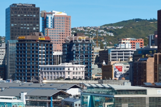 Downtown Wellington, NZ - The central business district of Wellington with modern high rises and hill settlements
