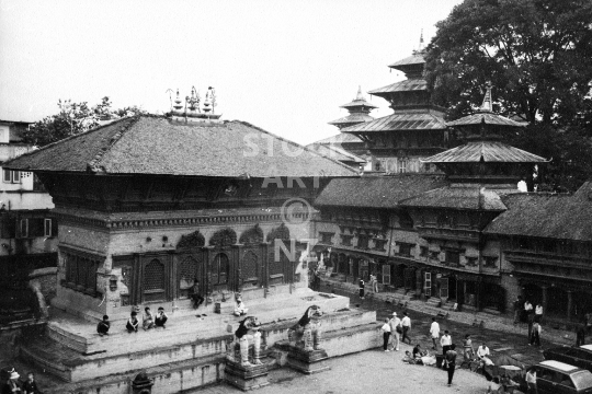 Durbar Square Kathmandu - Shiva-Parvati Temple - Old black & white vintage low resolution photo of the 18th century temple from before the big earthquake