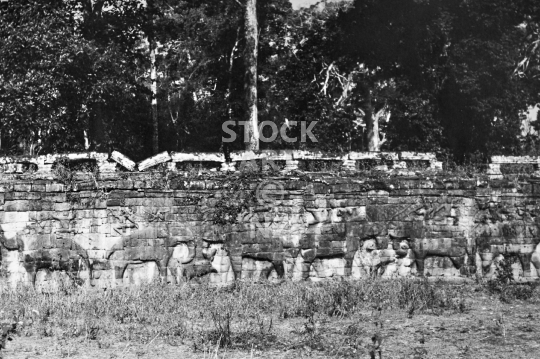 Elephant Terrace - Angkor Wat - The 12th century Terrace of Elephants of Angkor Thom is a royal viewing platform about 350 m long - black & white vintage low resolution photo from March 1992