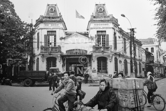 French colonial building in Hanoi - Black & white street scene with the police station of Hoan Kiem district - old vintage low resolution photo from 1994