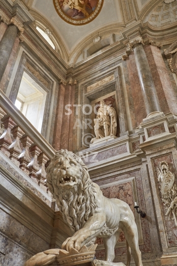 Grand marble lion staircase - Reggia di Caserta - Spectacular baroque art in the Royal Palace of Caserta, Naples, Italy