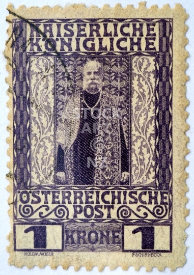 Historic Austrian stamp from 1908 - Emperor Franz Joseph - 1 Krone - Kaiserliche Koenigliche Post 