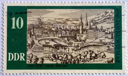 Historical Weimar map stamp from 1975 - GDR German Democratic Republic - ‚1000 Jahre Weimar - um 1650 - nach Merian_qt_ 