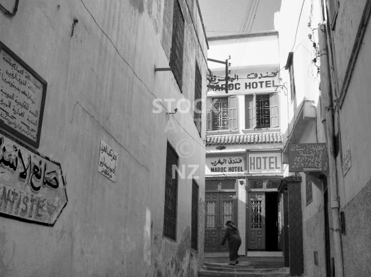 Hotel Maroc in Meknes, Morocco - Vintage black & white photo of the medina hotel in Rue Rouamzine  