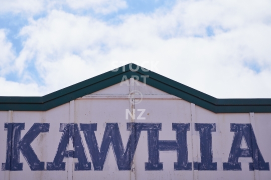 Kawhia sign - Kawhia written on an old shop front in the village