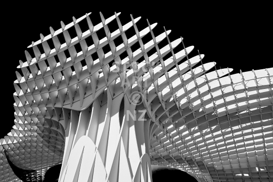 Las Setas in Sevilla - Black & white closeup of the Metropol Parasol mushroom monument