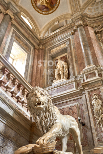 Lion in the grand marble staircase of the Reggia di Caserta, Naples, Italy