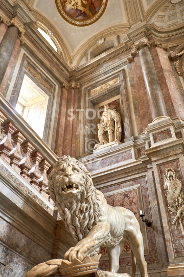 Lion in the grand marble staircase of the Reggia di Caserta, Naples, Italy