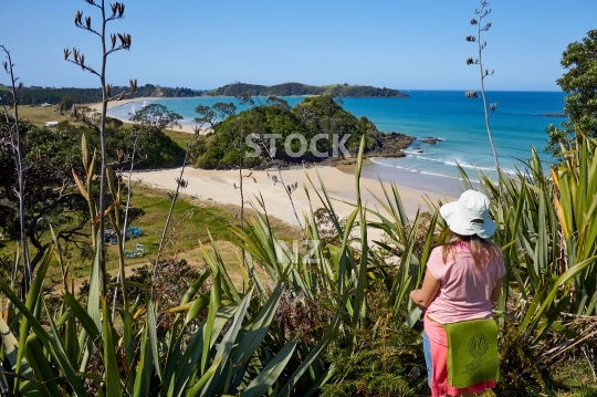 Lookout over the Whananaki South beaches - Northland, NZ - Viewpoint on the Whananaki Walkway, woman looking out to the idyllic coastline