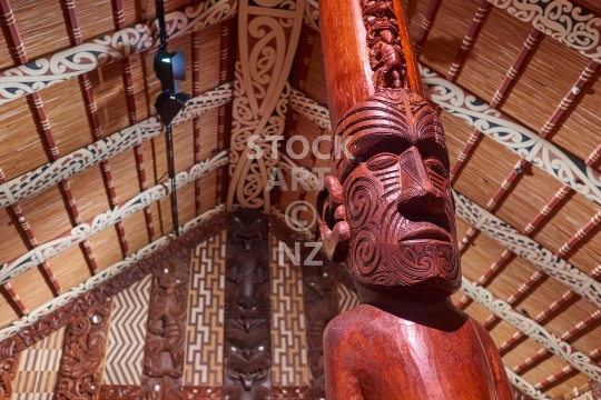 Maori meeting house with carvings - With traditional carved interior, the national marae at the Waitangi Treaty Grounds, Bay of Islands, Northland, New Zealand                               