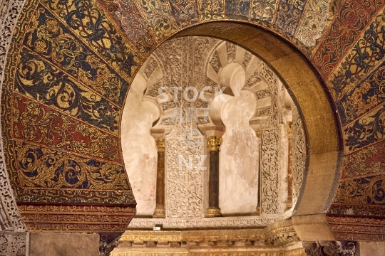 Mihrab prayer niche in the great mosque of Cordoba, Spain - Closeup of the sacred and holy centre of the Mezquita de Cordova