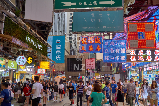 Mon Kok street at night - Hong kong - Neon billboards and people, nightlife scene in the densest suburb of the world