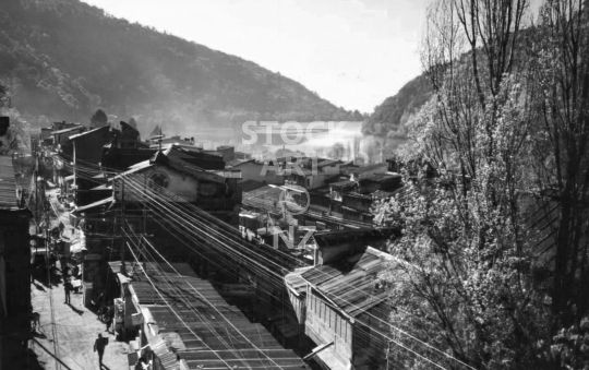 Nainital village - Old black & white vintage low resolution photo of the Indian hill station lake and town 