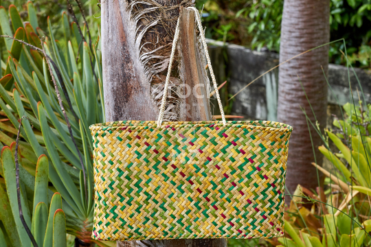 Natural yellow green and red flax kete with white muka handles - Colourful bag made of flax weaving in taki tahi pattern (with artist release)