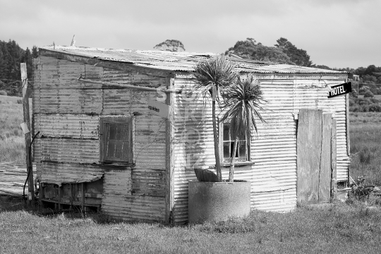 Old corrugated iron farm shed - Black and white photo - Far North, Northland, New Zealand