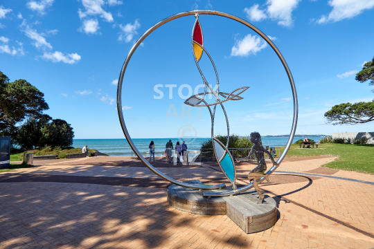 Orewa Beach - Moana Reserve waterfront with Airborne sculpture by John Mulholland and Philipp Ripa