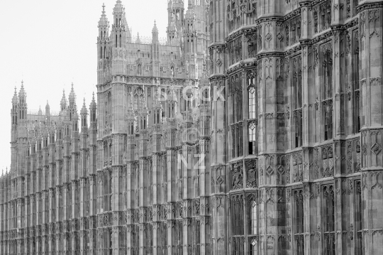 Parliament of the United Kingdom - London - Black & white closeup of the river side facade of the Palace of Westminster