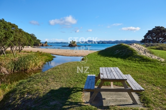 Picknick bench at Whangaumu Bay - Northland, New Zealand