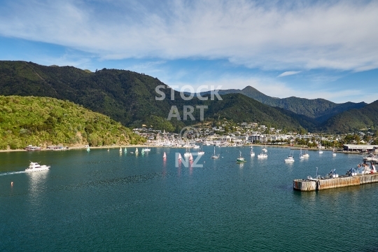 Picton - Marlborough Sounds, NZ - View of the coastal settlement from the approaching Wellington ferry