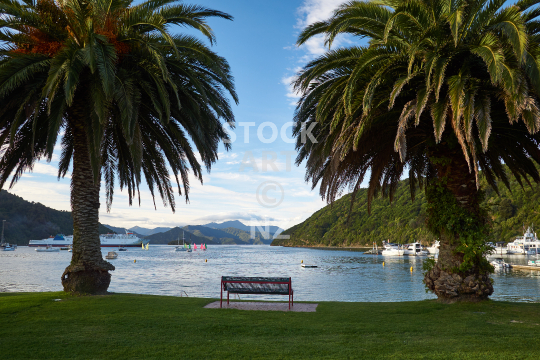 Picton waterfront - View from a park bench to the Marlborough Sounds