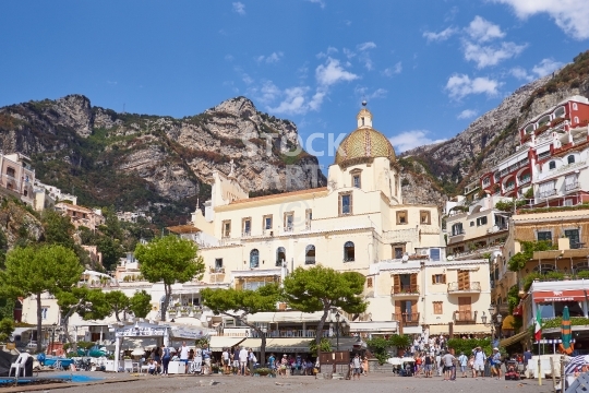 Positano church from the beach - Packed with tourists in summer - Amalfi Coast, Italy