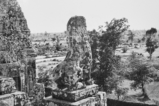 Pre Rup - temple near Angkor Wat - Guardian lion keeping watch of the 10th century Hindu temple at the Eastern Baray Reservoir - black & white vintage low resolution photo from March 1992
