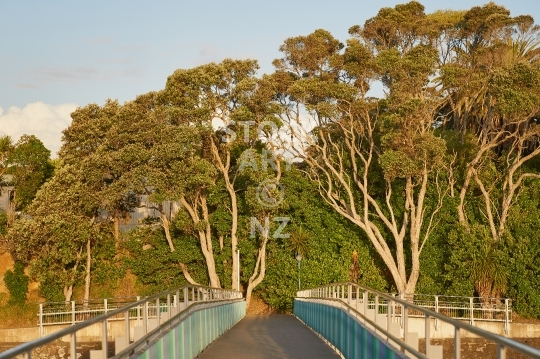 Raglan footbridge at sunset - Te Kopua bridge between Raglan and Kopua Recreation Reserve and pohutukawa trees, Waikato NZ