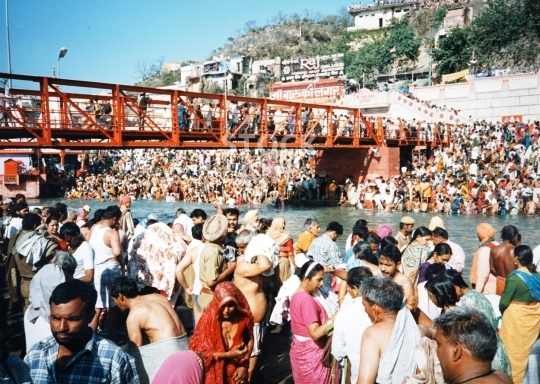 River bathing at the 1998 Kumbh Mela in Haridwar, India - Vintage low resolution photo of the biggest Hindu festival 