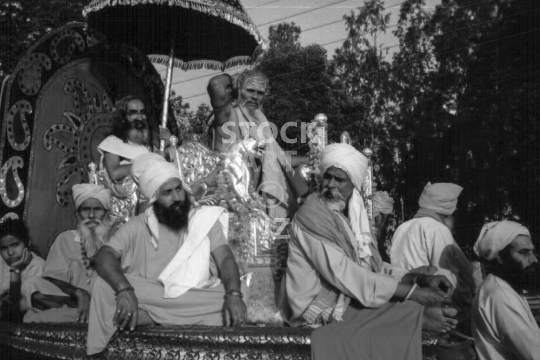 Sadhu parade at the 1998 Kumbh Mela in Haridwar, India - Sadhu procession - black & white vintage low resolution photo of the famous Hindu festival with 25 million pilgrims