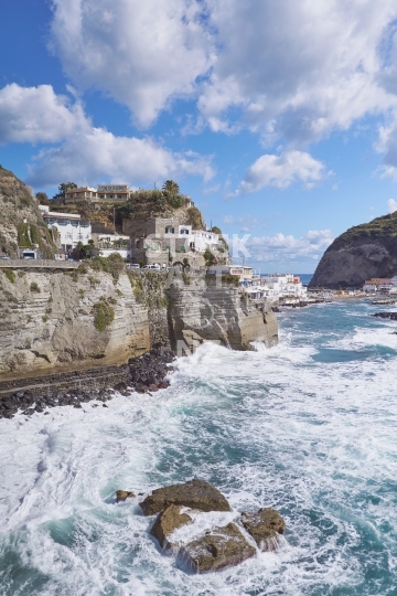 Sant_qt_Angelo in Ischia during a storm - Famous village with sea cliffs and wild waves crashing against the rocks - Isola d_qt_Ischia, Italy