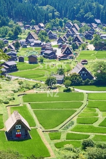 Shirakawa-go village from above - With traditional Gassho style farm houses, Japanese mountains, Gokayama region, Japan