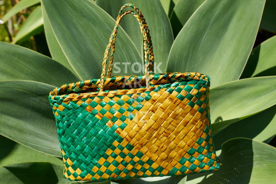 Small yellow and green flax kete - New Zealand flax weaving: handmade bag (photo with artist release)