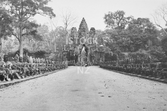 South Gate of Angkor Thom - Empty streets before tourism, magical gate with face depicting Avalokiteshvara - black & white vintage low resolution photo from March 1992