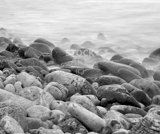 Splashback image: Nelson boulder bank stones and pebbles - Black & white kitchen splashback photo for standard size 900 x 750 mm