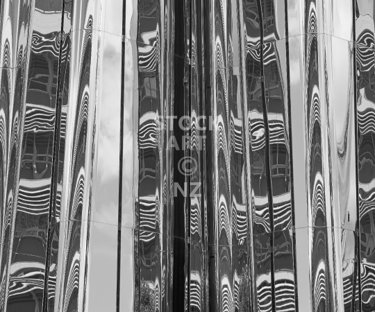 Splashback photo: Abstract mirror reflection of a modern building - Black & white kitchen splashback photo for standard size 900 x 750 mm - Len Lye Centre, New Plymouth NZ