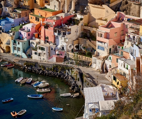 Splashback photo: Marina Corricella fishing village on Procida Island, Bay of Naples, Italy - Kitchen splashback picture for standard size 900 x 750 mm