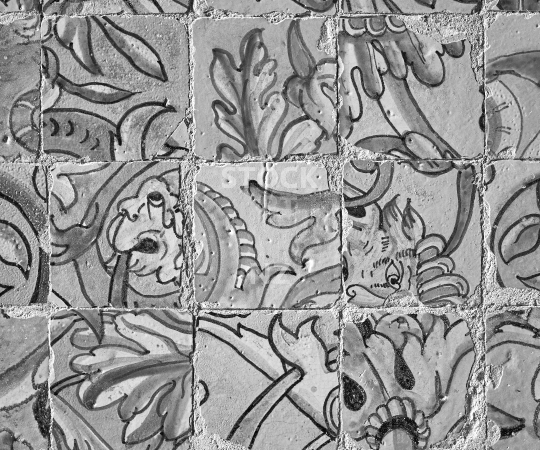 Splashback photo: Medieval broken handpainted tiles - Black & white kitchen splashback photo for standard size 900 x 750 mm