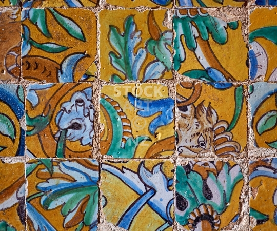 Splashback photo: Medieval Spanish tiles from Seville - Old broken and handpainted azulejos - splashback picture for standard size 900 x 750 mm